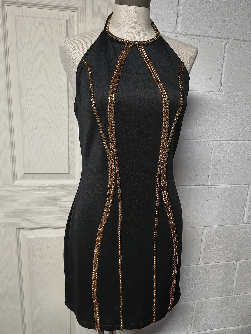 bebe Black Halter Mini Dress with Gold Beaded Trim